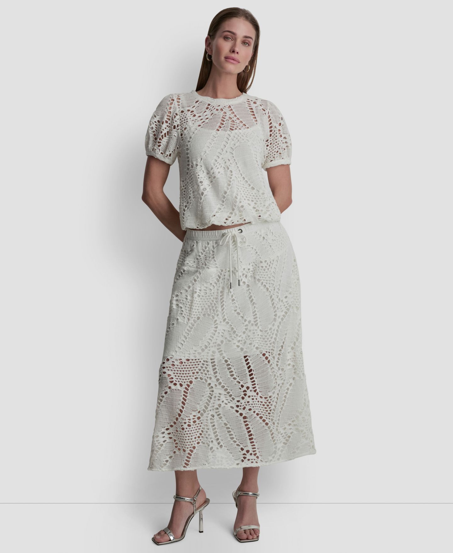 Женская юбка DKNY Crochet Leaf Pull-On Midi, цвет: Слоновая кость — фото 5