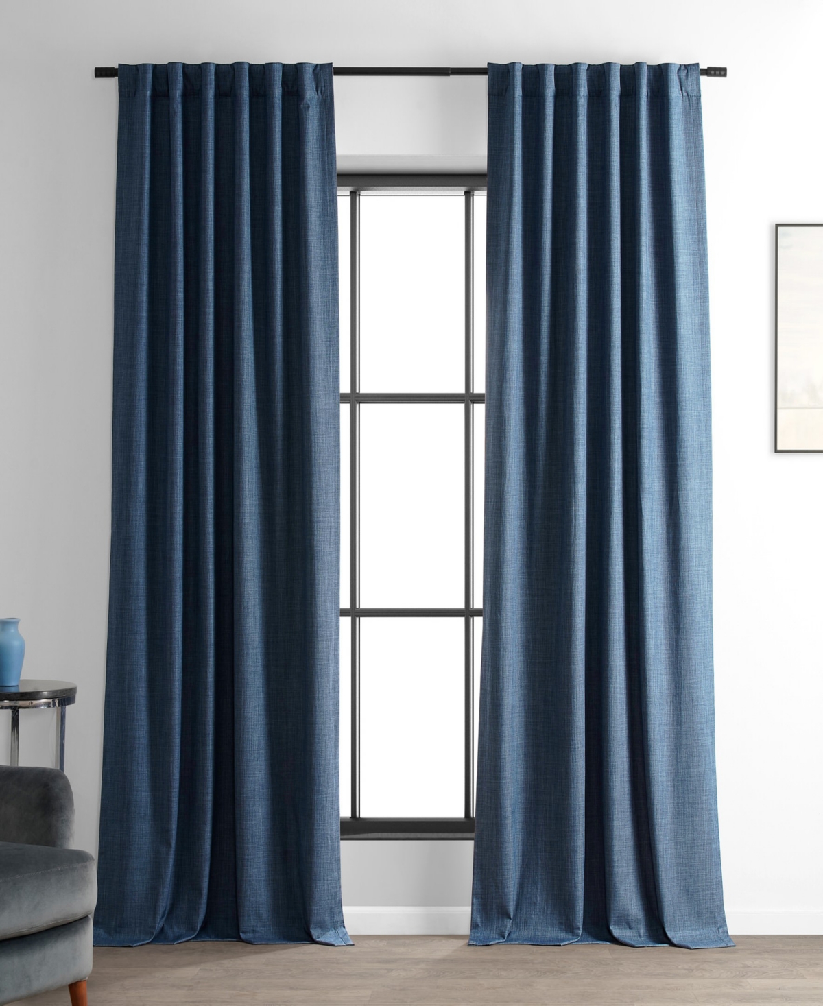 Half Price Drapes Dark Blue Performance Linen Hotel Blackout Curtain