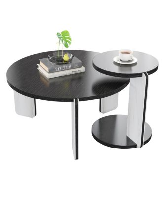  32.68" & 16.93" Round Coffee/End Table Set - Black Oak Veneer, Sintered Stone Legs