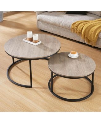  Round Nesting Coffee Table Set, 31.5" Gray Wash Oak & Metal, Industrial Accent Tables.
