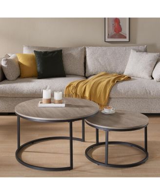  Round Nesting Coffee Table Set, 31.5" Gray Wash Oak & Metal, Industrial Accent Tables.