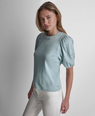 Petite Dome Studs Mini Ruffle Puff-Sleeve Crewneck T-Shirt