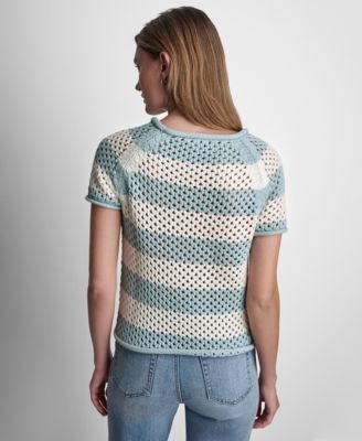 Petite Short-Sleeve Raglan Stripe Crewneck Pointelle Sweater