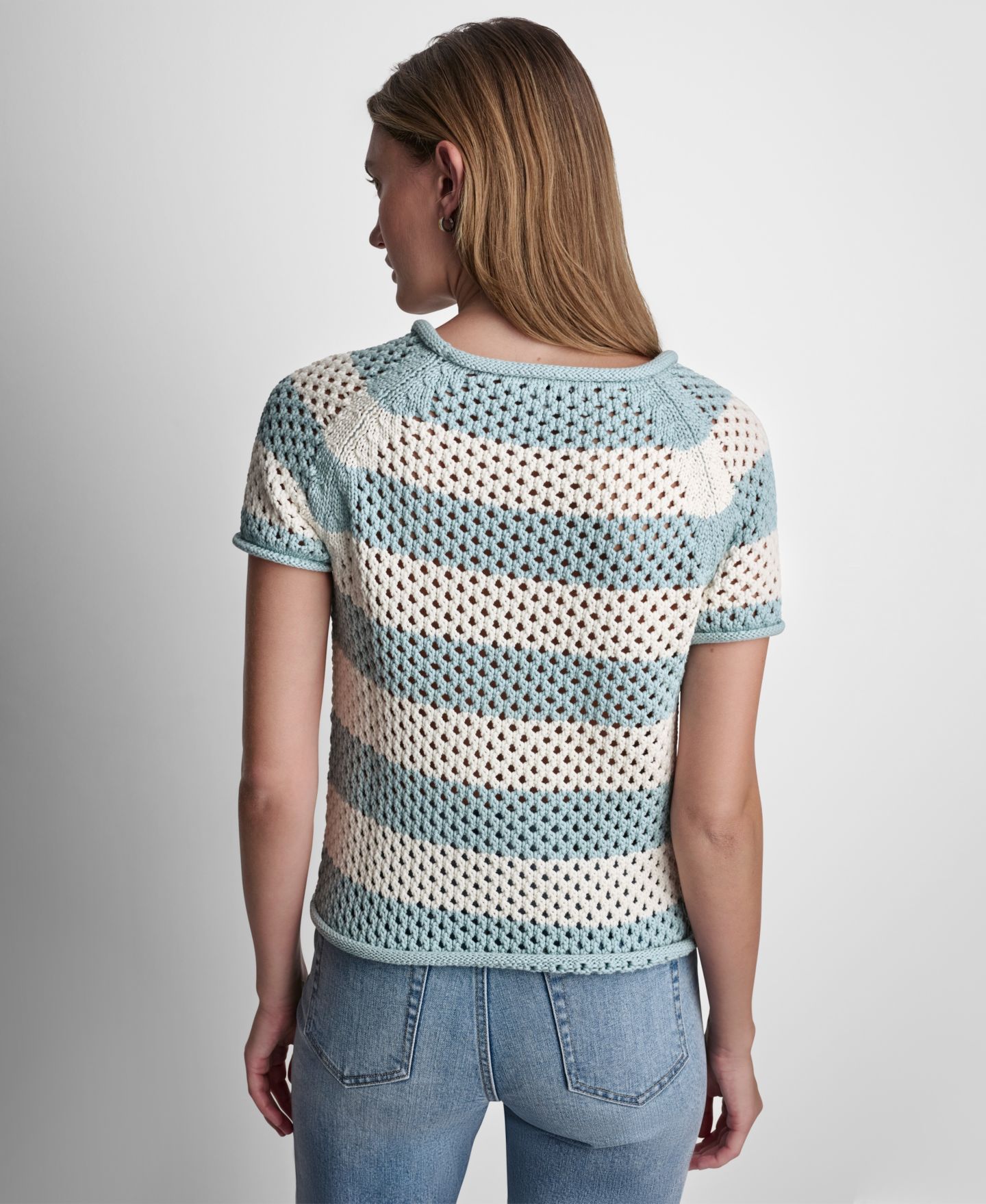 Женский свитер DKNY Jeans Petite Short-Sleeve Raglan Stripe Crewneck Pointelle, цвет: Минеральный / Сливочный — фото 5