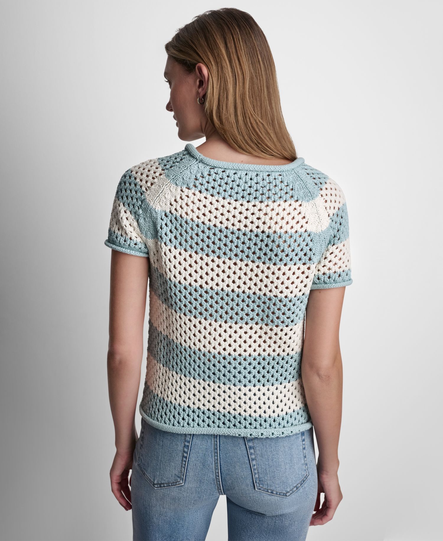 Petite Short-Sleeve Raglan Stripe Crewneck Pointelle Sweater