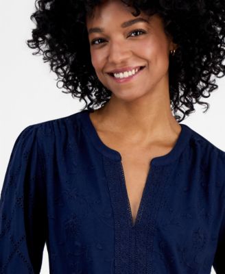 Women's Split-Neck Eyelet-Embroidered Top