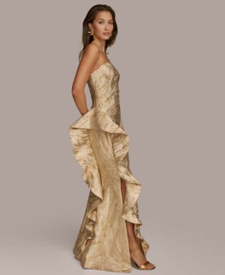 Women's Metallic Ruffled Strapless Gown