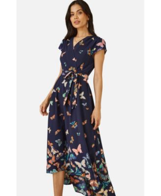 Women's Butterfly Print Dip Hem Midi Wrap Dress