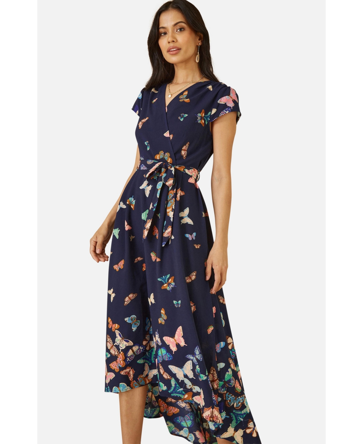 Yumi Women's Butterfly Print Dip Hem Midi Wrap Dress