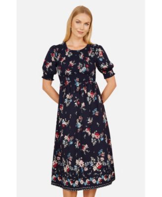 Women's Smocked Bodice Floral Ruched Midi Dress