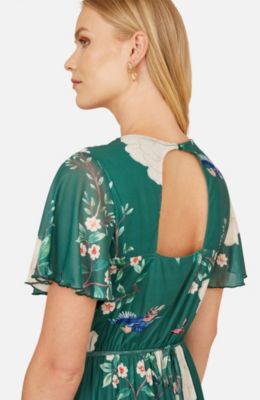 Women's Mesh Bird And Floral Print Midi Dress