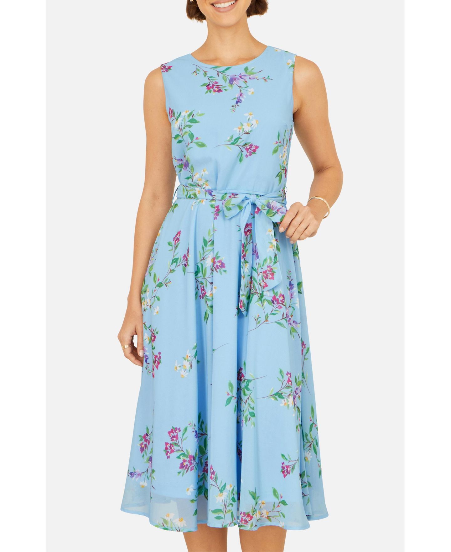 Женское платье Yumi Sleeveless Tie Waist Printed Midi, цвет: Синий — фото 5
