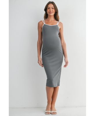Maternity Ribbed Bodycon Midi Dress with Double Straps and Side Slit