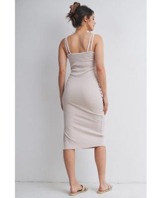 Maternity Ribbed Bodycon Midi Dress with Double Straps and Side Slit