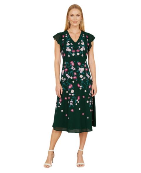 Женское платье Yumi Floral Embroidered V-Neck Midi, цвет: Зелёный