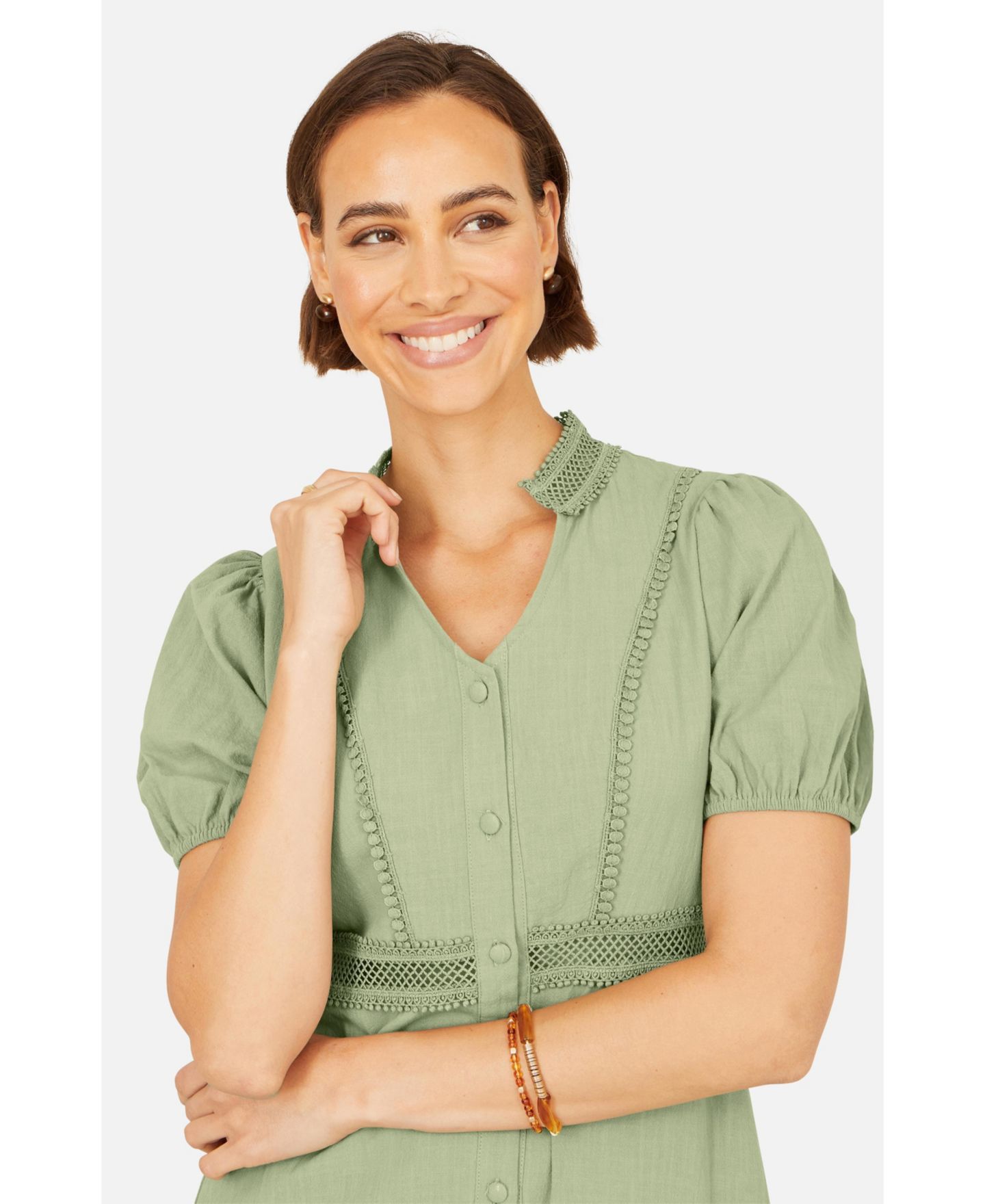 Женское платье Yumi Cotton Lace Trim Skater Shirt Dress, цвет: Мятный зелёный — фото 4
