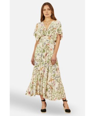 Women's Floral Print Ruched Waist Midi Dress