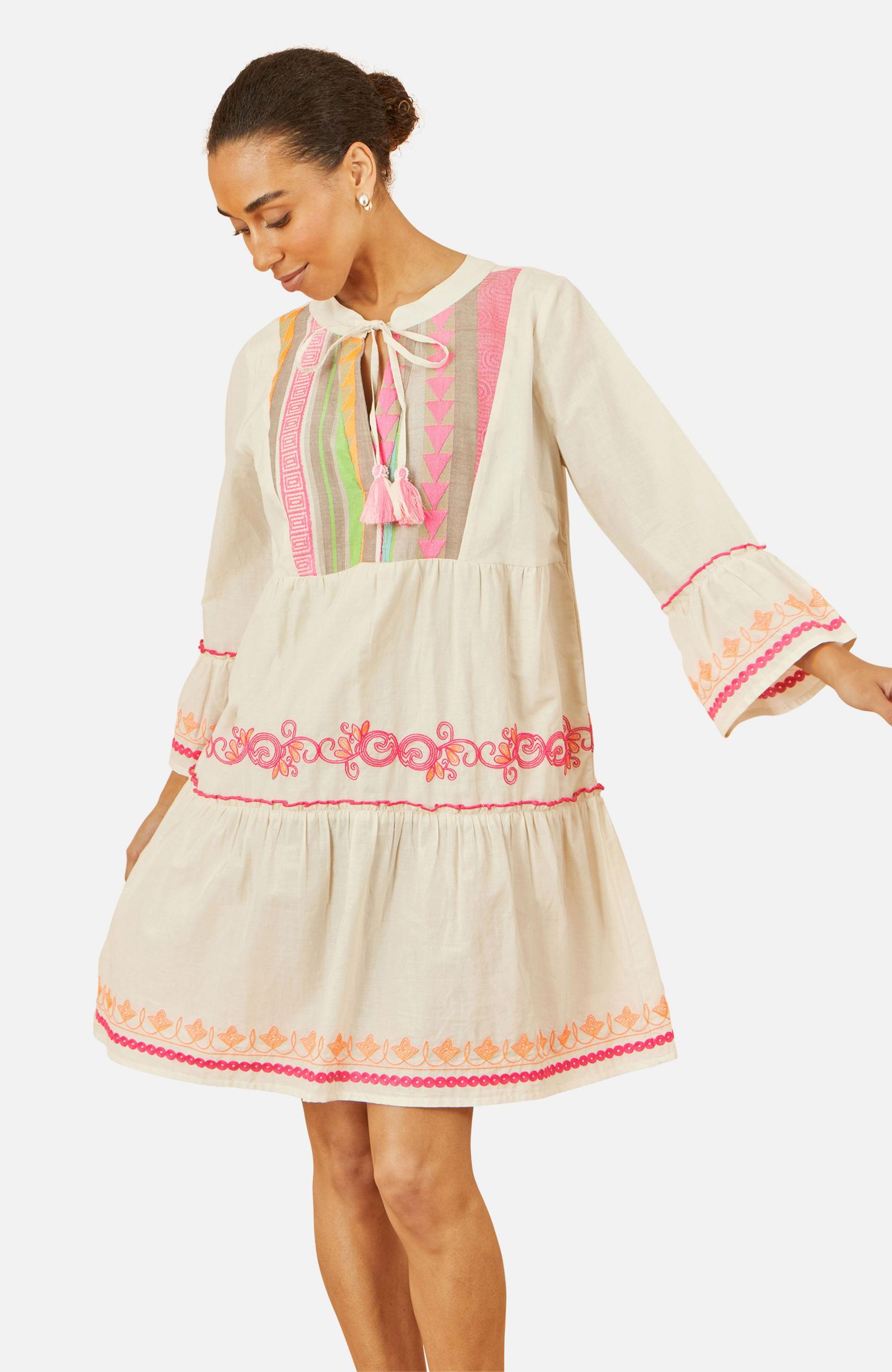 Женское платье Yumi Embroidered Cotton Tunic, цвет: Бежевый — фото 4
