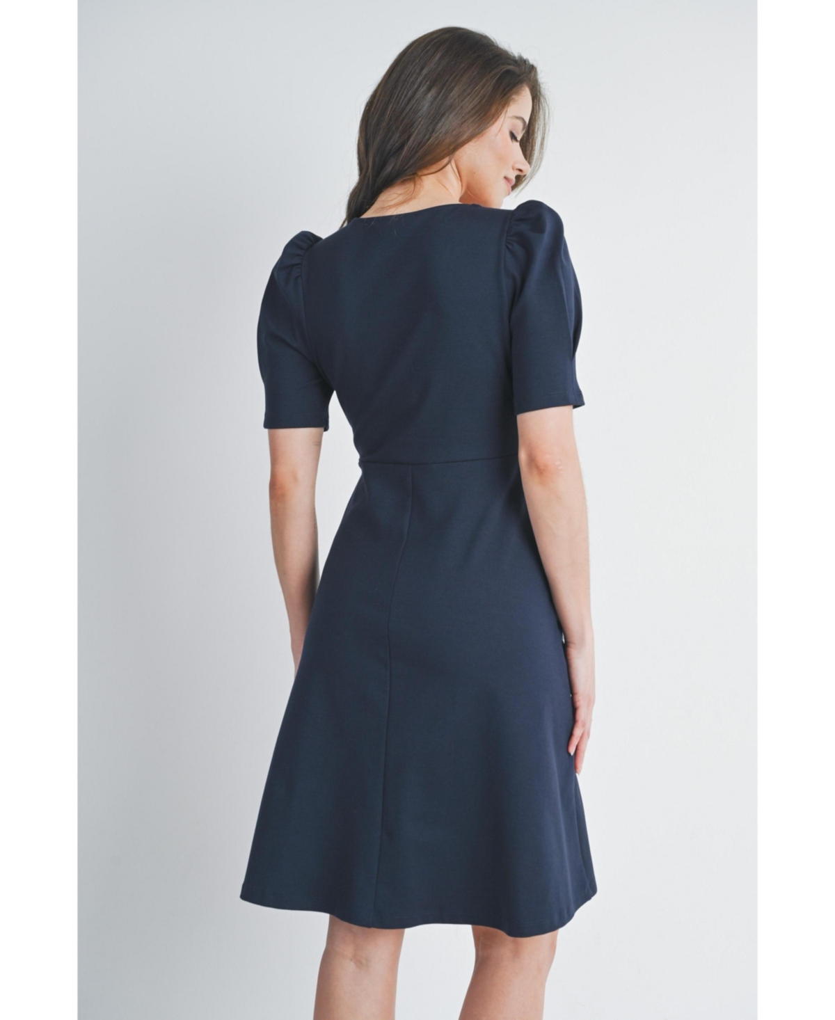 Hello Miz Women's Maternity A-Line V Neck Empire Waist Puff Sleeve Dress
