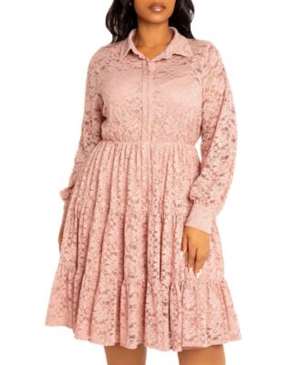 Women's Plus Size Lace Long Sleeve Tiered Shirt Dress