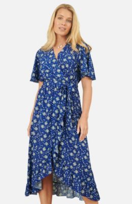 Women's Frilled-Hem Wrap Midi Dress