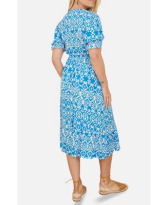 Women's Geometric Print Puff Sleeve Midi Dress