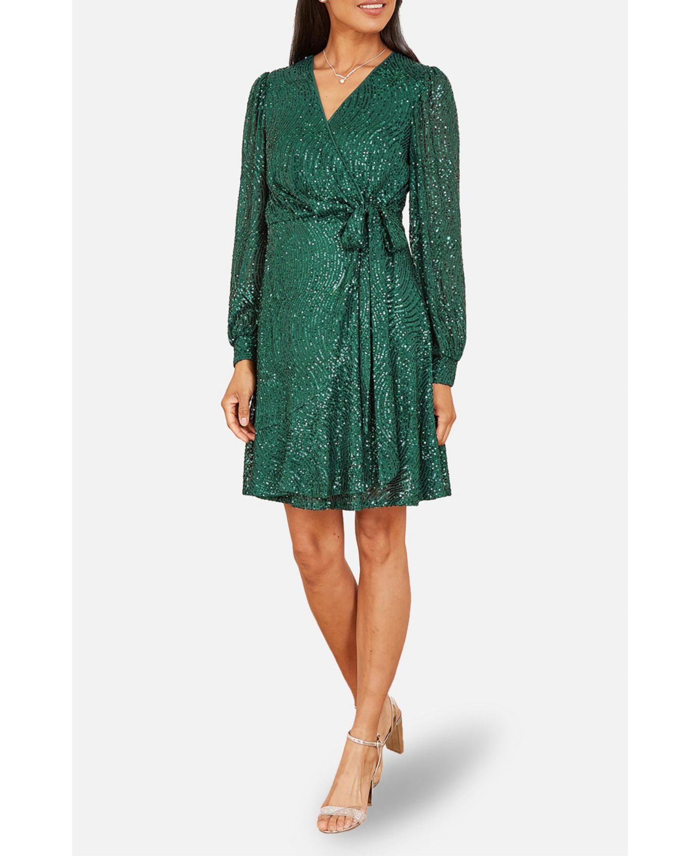 Женское платье Yumi Sequin Long Sleeve Frill Wrap, цвет: Зелёный — фото 3