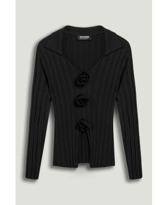 Women's Floral Embellished Ribbed V-Neck Sweater