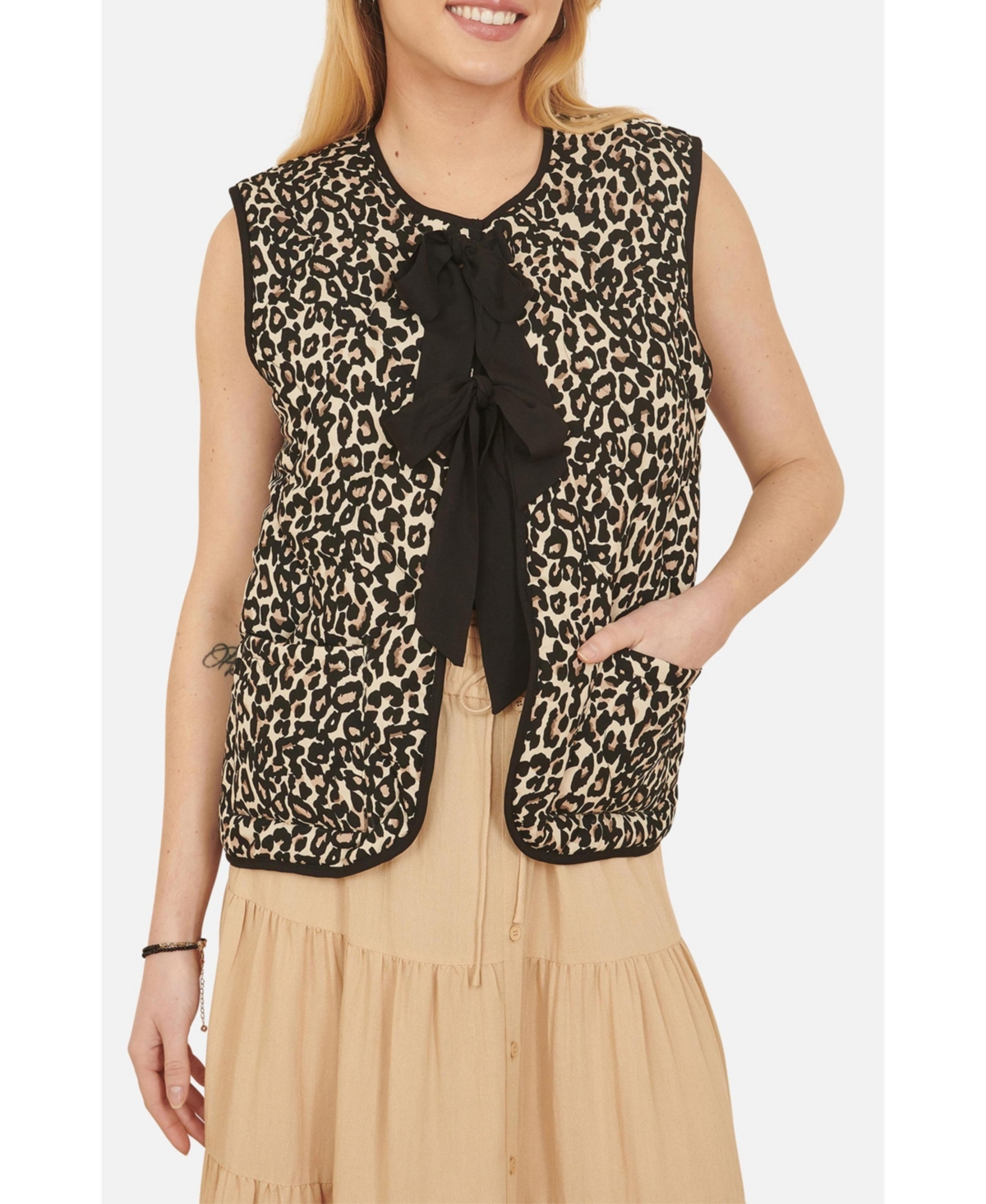 Yumi Women's Sleeveless Bow-Tie Leopard Waistcoat