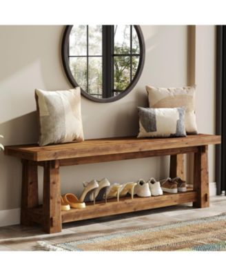 55" Solid Wood Entryway Bench with Shoe Storage, Rustic Charred Wood Grain Foyer Bench with Open Shelf