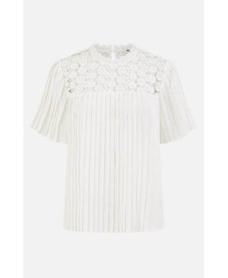 Women's Lace Panel Pleated Short Sleeve Top