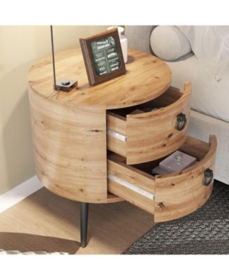 Round Side Table with Drawers Modern Night Stand with Storage Wooden Accent End Table Circle Bedside Table with Metal Legs for Living Room
