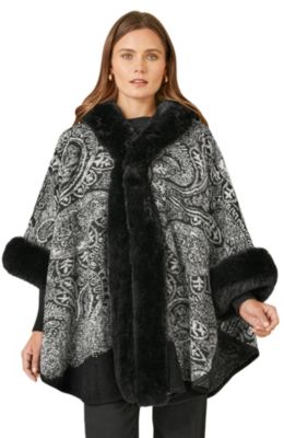 Women's Paisley Print Faux Fur Trim Cape