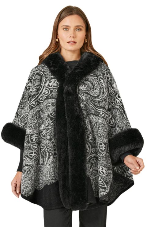 Женская накидка Yumi Paisley Print Faux Fur Trim Cape, цвет: Чёрный