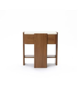 Faux Travertine Nightstand with Drawer and Open Shelf, MDF Wood Accent Side Table