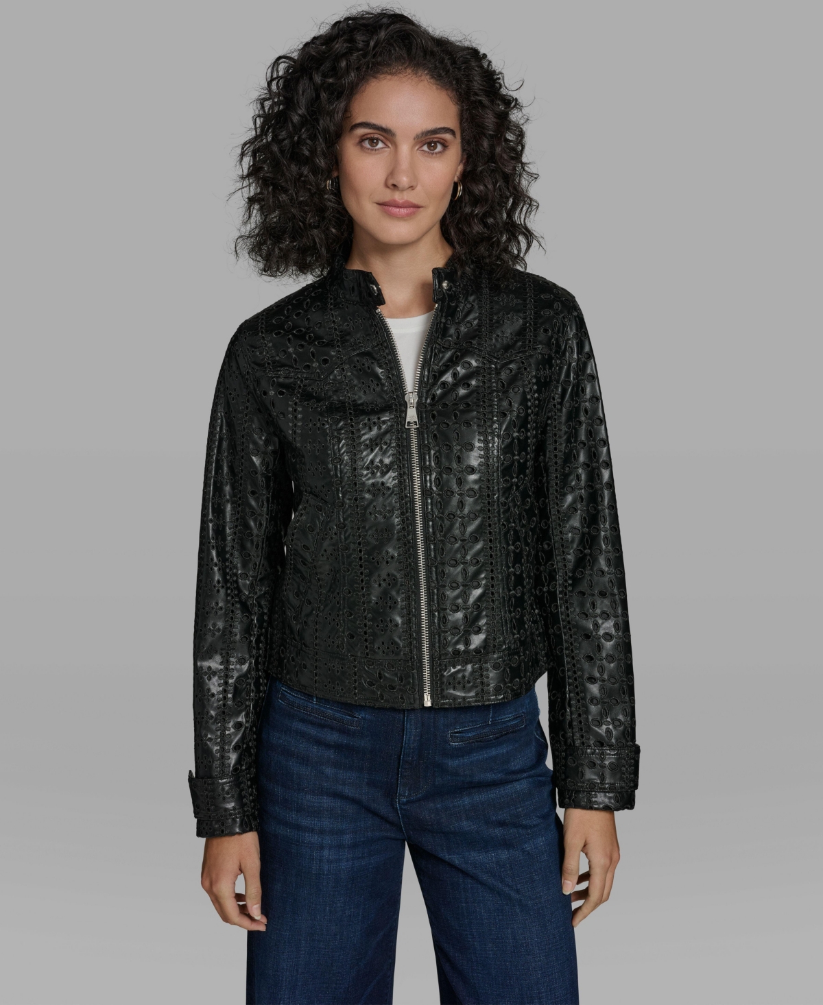 Karl Lagerfeld Paris Women's Faux Leather Eyelet Zip Front Jacket