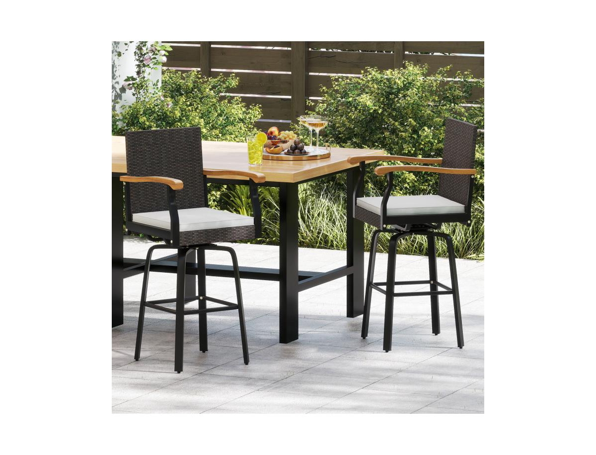 Slickblue Patio Swivel Bar Stool with Cushion and Acacia Wood Armrests