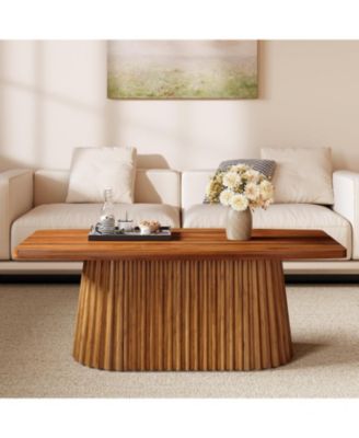 Farmhouse Coffee Table with Rounded Short Edges, 47.24 Inches Accent Center Table with Pleated Base & Large Tabletop, Wooden Furniture
