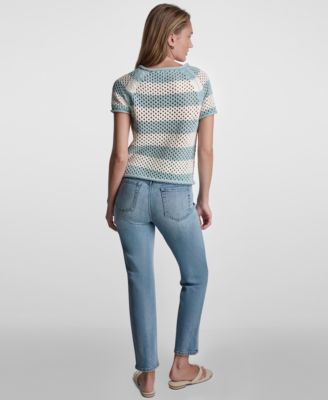 Petite Short-Sleeve Raglan Stripe Crewneck Pointelle Sweater