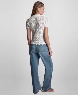 Petite Short-Sleeve V-Neck Polo Pointelle Sweater