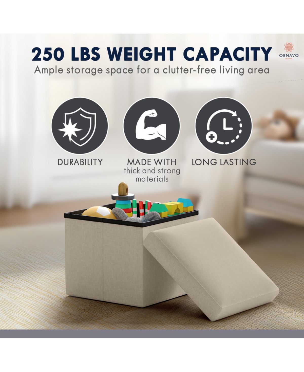 Ornavo Home Collapsible Small Footrest Square Storage Ottoman - 12 Inch