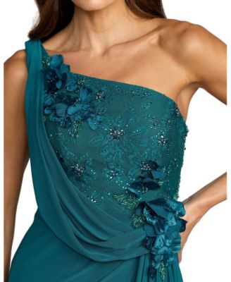 Women's Jersey One Shoulder Cowl Gown With 3D Flowers
