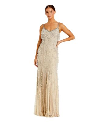 Women's V-Neck Net Gown with Thin Straps and Elegant Embellishments
