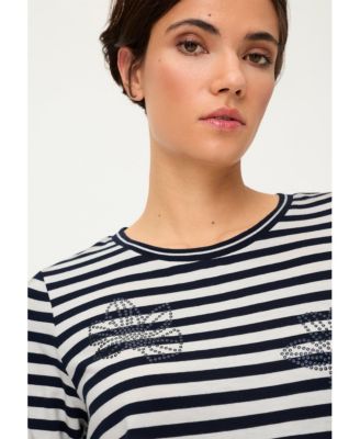 Women's Striped with Sequin Floral Embellishment T-Shirt