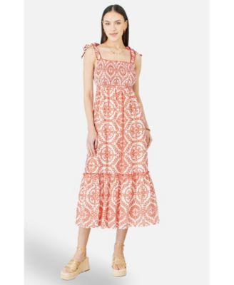 Women's Viscose Ruched Tie Strap Midi Sun Dress
