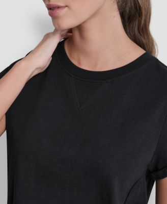 Women's Embroidered Crewneck Logo Roll-Sleeve Top