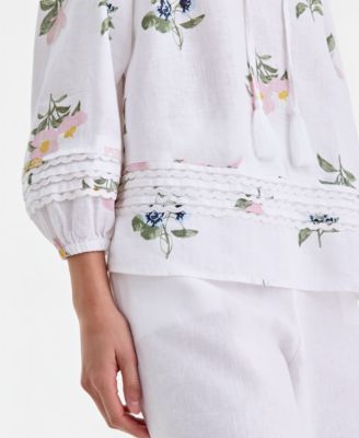 Women's 100% Linen Crochet-Trim Tie-Neck Top