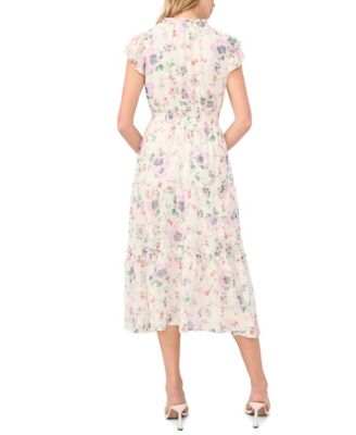 Women's Flutter-Sleeve Smocked Waist Split-Tie Neck Tiered Maxi Dress