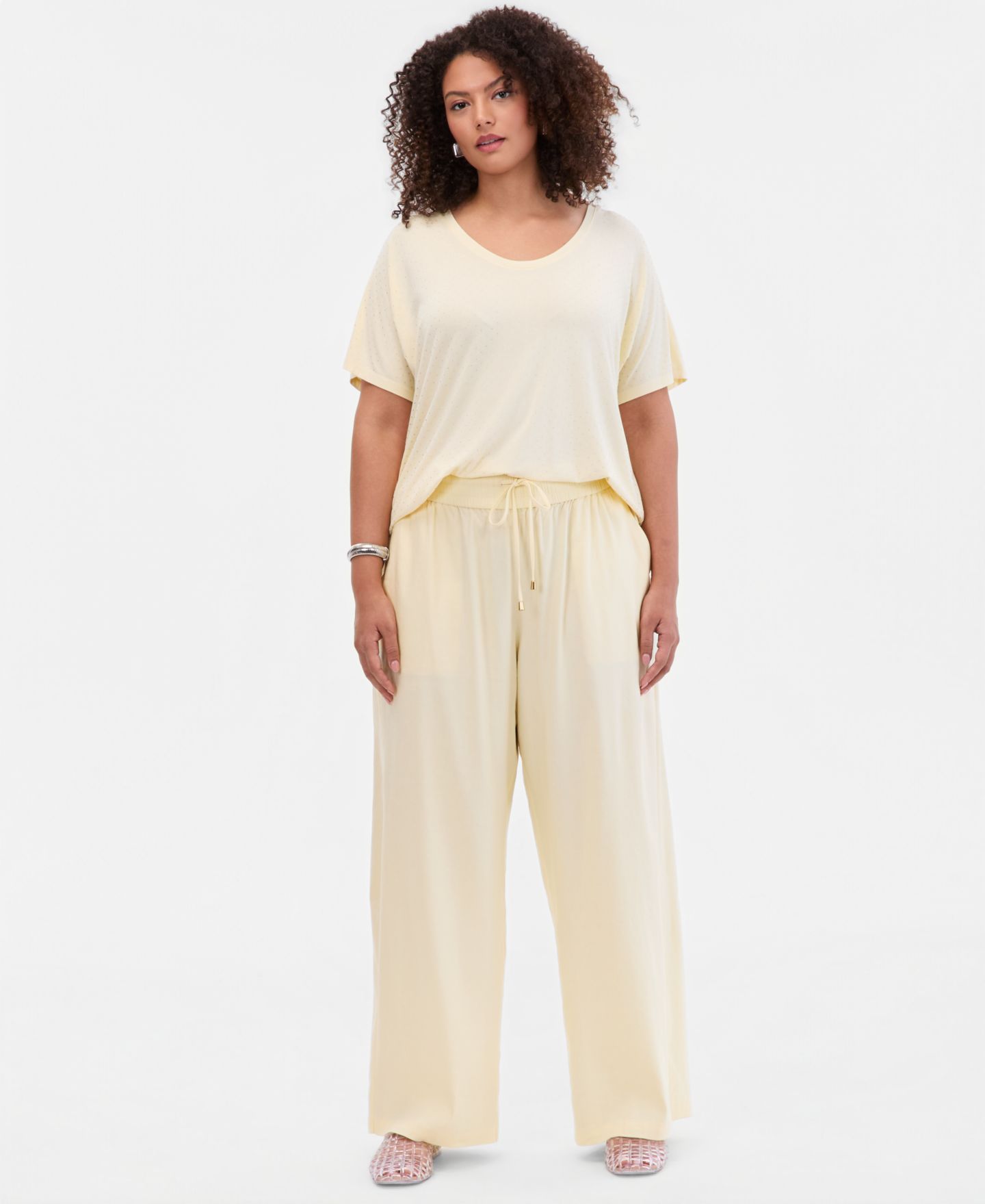 Женские брюки I.N.C. International Concepts Plus Size Solid Drawstring Wide-Leg, цвет: Жёлтый туманный — фото 1