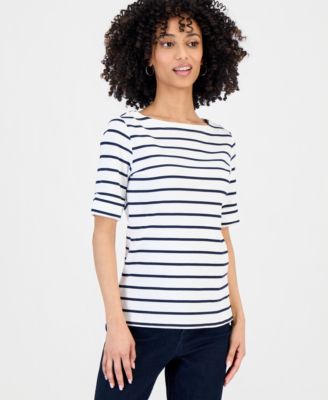 Petite Boat-Neck Elbow-Sleeve Top